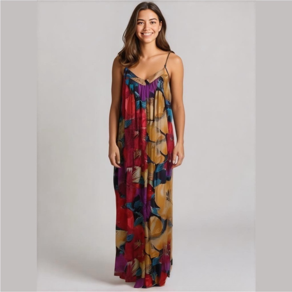 Mary McFadden Collection Vintage Chemise Slip Dress Semi-Sheer Sz S Floral Maxi